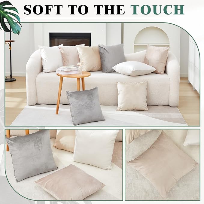 Berlune 8 Pcs Velvet Throw Pillow Covers 18" x 18" Decorative Cushion Cases Soft Pillowcase for Coquette Graduation Party Accessories Couch Sofa Bed Chair Home Decor, No Inserts (Beige Gray Colors)