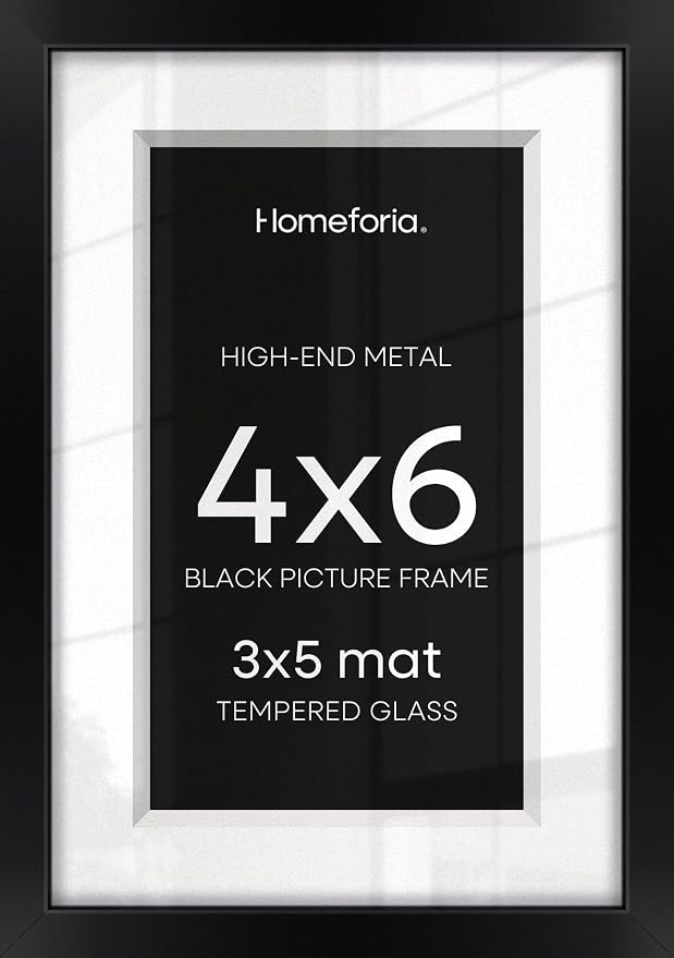 Homeforia 4x6 Picture Frame Black, High End Metal 4 x 6 Black Frames with Mat 3 x 5 for Art, 4x6 Desk Frame Matted to 3x5 inch Photo, 4 by 6 Wall or Tabletop Frames, Tempered Glass, Wall Kit, Set of 1