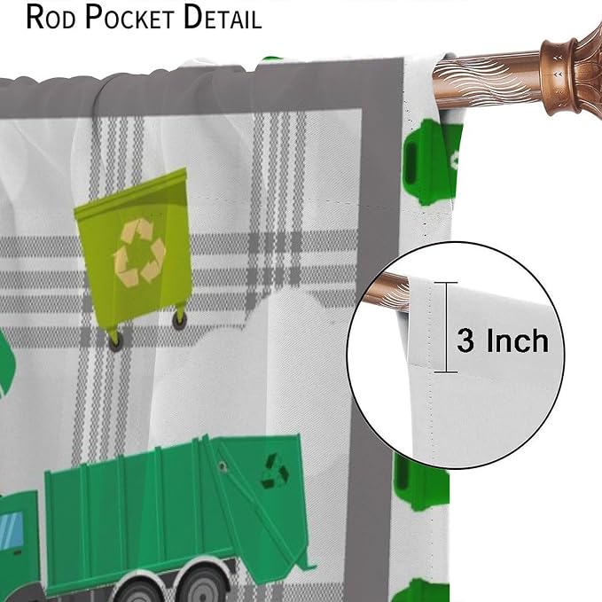 Truck Blackout Curtain,Boys Kids Cartoon Green Garbage Cars Pattern Print Window Curtains for Dining Room Living Room Kitchen Cafe Bedroom Office Drapes Decor,42x45 in