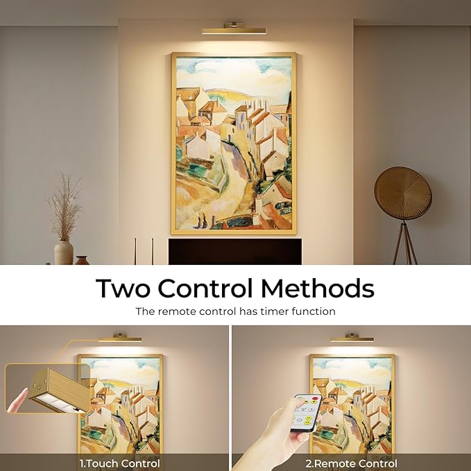 Afyuol Picture Lights for Wall, Brass Battery Operated Picture Light 16in Art Light CCT Dimmable Recharging Battery Wall Light with Remote Control for Living Room Gallery