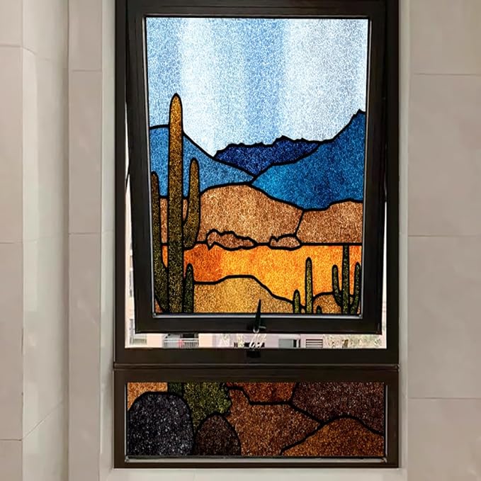 Abstract Desert Frosted Window Film, Colorful Cactus Texture Landscape Stained Glass Privacy Film, Heat Insulation Self-Adhesive Vinyl for Bathroom Office, 15.7Wx35.4L inch