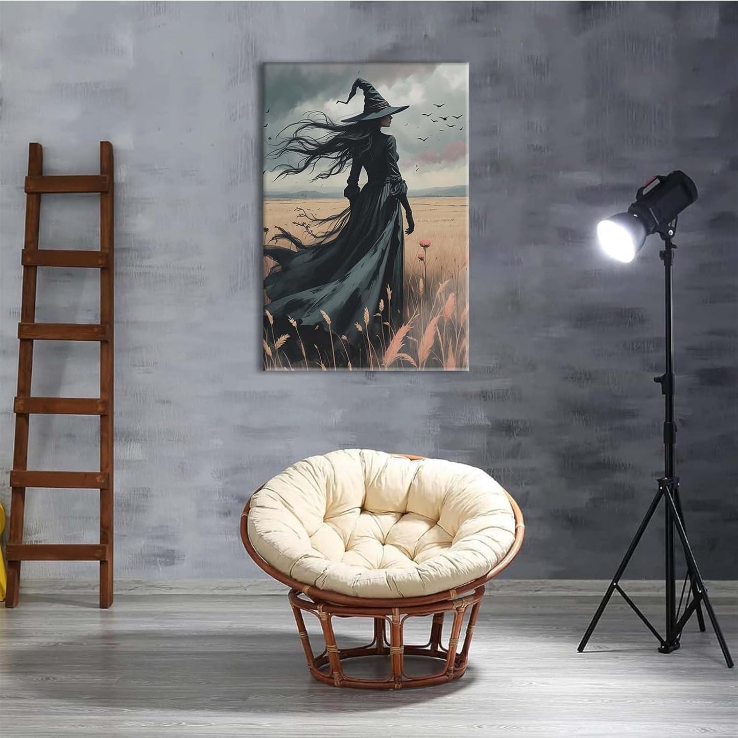 Gothic Decor Canvas Wall Art Witch in Rice Field Halloween Art Decor Print Nature Print Victorian Home Bedroom24x36in Wood Framed