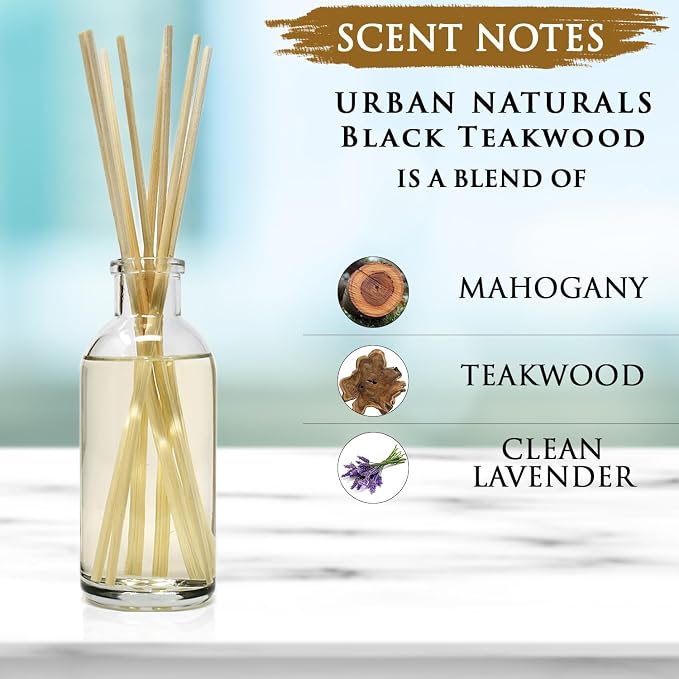 Urban Naturals Reed Diffuser Set, Black Teakwood - Bathroom Shelf Décor | Mahogany & Black Teakwood blend with Lavender, Geranium & Oak Wood