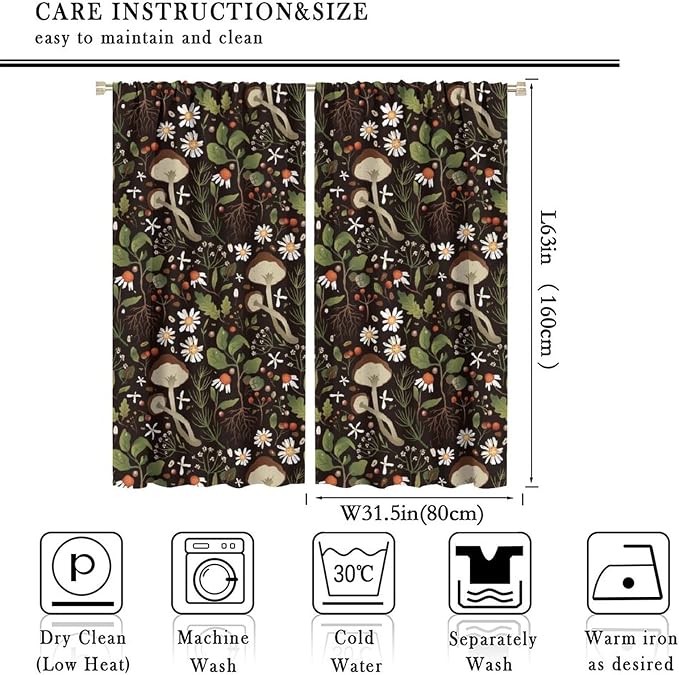 Mushroom Curtains,Green Plant Forest Botanical Print Window Treatments for Bedroom Living Room Kitchen Cartoon Herbs Floral Window Drapes 2 Panels Set,Total Size 63 x 63 Inch