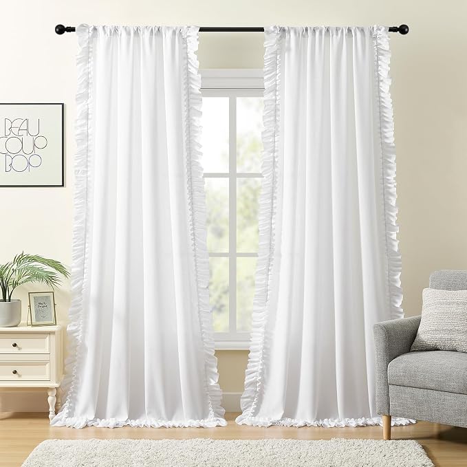 White Ruffle Curtains 84 Inches Long, 2 Panels, W47 x L84 Inch, Linen Textured Farmhouse Scalloped Curtains for Living Room, Rod Pocket Privacy Light Filtering Semi-Sheer Boho Flowy Window Curtain