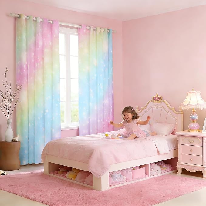 Erosebridal Rainbow Window Curtains for Kids Girls Teens Tie Dye Pastel Curtains 52" Wx96 L Golden Glitter Girly Sweet Window Treatments Curtains Abstract Watercolor Art Window Drapes 2 Panel Set