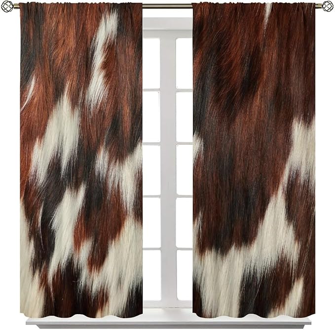 Cowhide Blackout Curtain, Western Rustic Cow Print Brown White Animal Fur Skin Drapes, Rod Pocket Window Treatments 2 Panels Curtains for Bedroom Office Living Room Kitchen Decor 63"W X 63"L