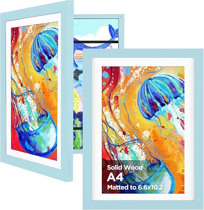 KINLINK A4 Kids Art Frame 2 Pack, Solid Wood Artwork Frames Changeable, Front Opening Hold 150 Pictures, Art Frames for Kids Artwork, 6.6x10.2 with Mat A4 without Mat, Picture Frames Light Blue