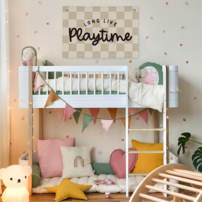 Playroom Wall Decor, Long Live Playtime Banner, Checkered Canvas Wall Banner for Playroom, Toddler Room, Boys/Girls Kids Room, Classroom, Playtime