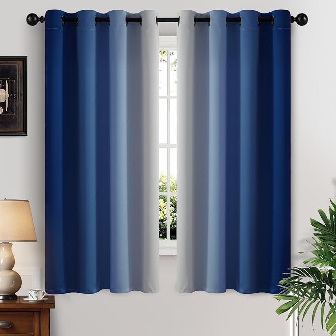 Yakamok Ombre Curtains Royal Blue and Greyish White for Living Room,52Wx63L | Room Darkening Curtains 63,Thermal Insulated Gradient Color Drape,Light Blocking Grommet Window Curtains for Bedroom,2 Panels