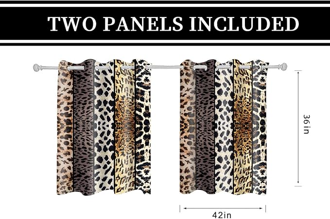 Wild Animal Print Curtain, Room Darkening Thermal Insulated Blackout Leopard Boa Window Drapes with Grommets for Living, Dining, Bedroom, Grey Leopard Print, 42"x 36", 2 Panels