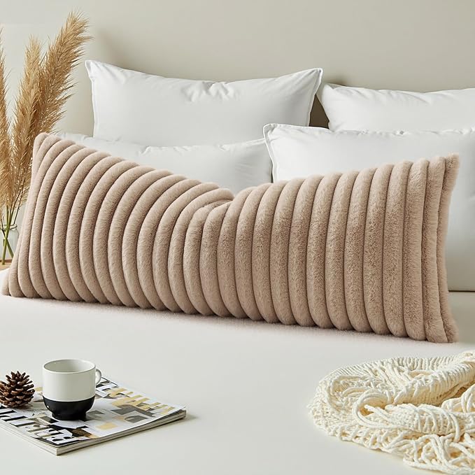 decorUhome Fall Cozy Faux Fur Throw Pillow Covers 14x36 Pack of 1 Decorative Soft Plush Striped Lumbar Modern Farmhouse Boho Couch Pillow Cases with Velvet Back for Sofa Bed Living Room, Khaki Brown
