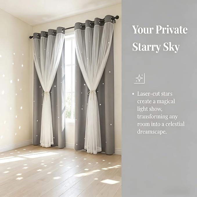 Kids Blackout Curtains for Bedroom/Living Room/Classroom, Sheer Overlay Small 2 Panel Set, Double Layer Curtains with Star Cutout for Kids Room(W 52 x L 36 Inches,Silver Grey 2 PCs)