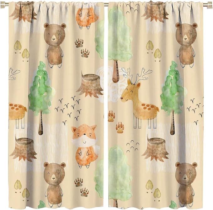 YCness Rustic Animal Curtains, Wild Forest Animal Bear Fox Deer Kids Window Treatments for Living Room Bedroom, Farmhouse Woodland Blackout Drapes 2 Panel Sets, 42x45 Inch, Style-4