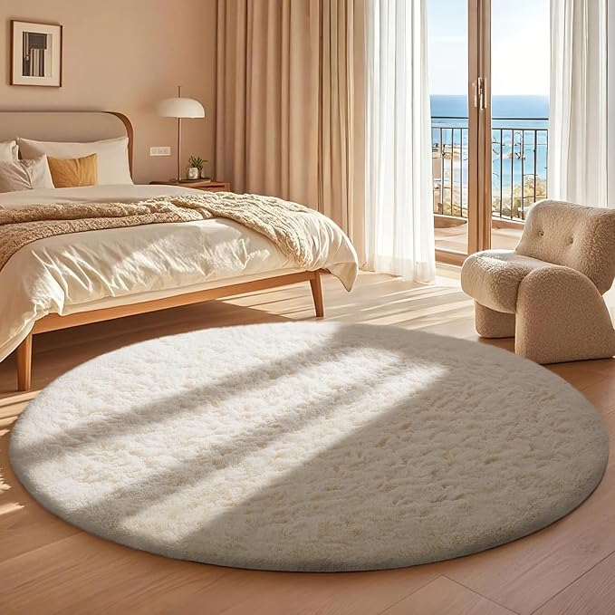 Ophanie Round Washable Rugs 5Ft Ivory Circle Area Rug,Baby Nursery Living Room Bedroom Decor Circular Carpet 5 Foot,Fluffy Fuzzy Shag Plush Cream for Kids Boys Girls Teen with Over 99 pcs Pile fibers