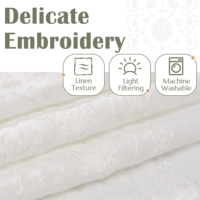 jinchan Weslie White Linen Curtains for Bedroom Vintage Floral Farmhouse Curtains 108 Inches Long Linen Drapes for Living Room Country Embroidered Extra Long Light Filtering Drapes Off White 2 Panels