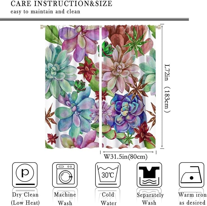 Succulents Tropical Plant Curtain Floral Boho Watercolor Summer Desert Botanical Vintage Garden for Home Kitchen Restaurant Decoration Drapes 2 Panels 63x72in