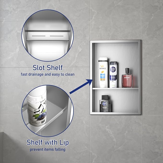 Stainless Steel Shower Niche 18" X 12" Brushed No Tile Needed Wall Niche Double Shelves Recessed Shower Shelf for Bathroom Storage Over Mount Installation