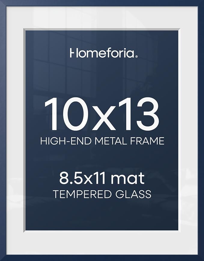 Homeforia 10x13 Picture Frame Navy Blue, High End Metal 10x13 Wall Hanging Frame with Mat 8.5x11, 10 x 13 Poster Frames Matted to 8.5 x 11 inch Photo, 10by13 Frames, Tempered Glass, Wall Kit, Set of 2