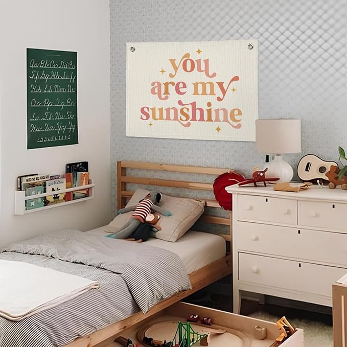 Girls Room Decor, Baby Girl Nursery Baby Shower Decor Gift, You are My Sunshine Linen Canvas Banner, Pink Boho Wall Hanging Banner Flag 20x30 Inch
