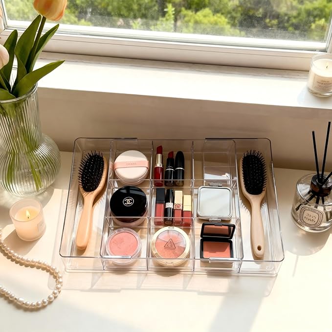 Acrylic Expandable Desk Drawer Organizer with 11 Adjustable Compartments and 6 Removable Dividers Desk Accessories for Office Kitchen Bathroom Makeup and Utensil Junk Storage (Clear, 2Pcs)