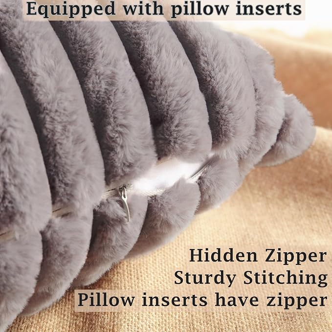 Decorative Throw Pillow with Inserts, Set of 2 Soft Faux Fur Throw Pillows, Square Boho Striped Pillow for Couch, Bed, Sofa Decor(Gray, 16" x 16")