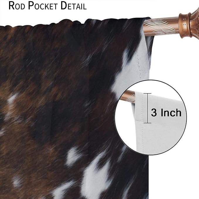 Cowhide Blackout Curtain, Brown White Cowhide Animal Fur Western Rustic Farm Curtains Rod Pocket Window Treatments 2 Panels Drapes for Dining Room Office Living Room Deocr 63" W X 72" L