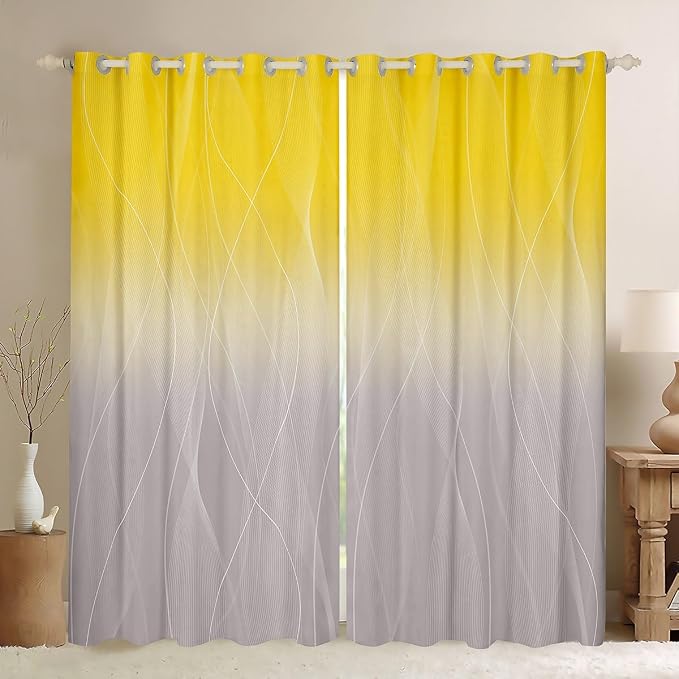 jejeloiu Yellow Darkening Drapes Kids Ombre Grey Strip Lines Curtains for Bedroom Living Room Gradient Style Blackout Curtains for Women Men Lightweight Abstract Window Treatments s