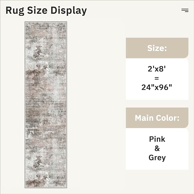 Soalmost Runner Rug 2x8 Washable Non-Slip Hallway Runner Rugs for Kitchen Bathroom Laundry Room Pink/Grey Vintage Floor Carpet Runners for Hallways Entryway