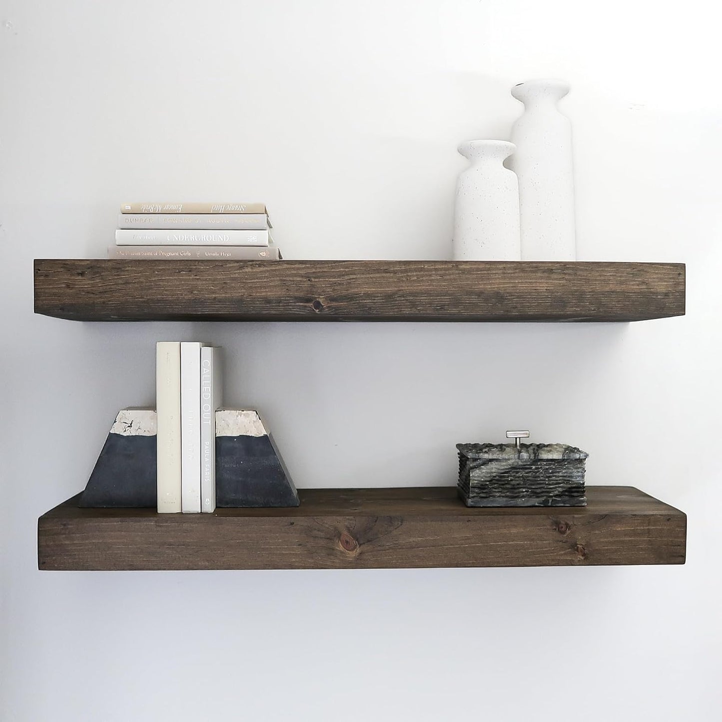 Modern Floating Shelves 3 Inches Thick for Wall, Wide Shelves for Kitchen, Living Room, Bedroom, and Bathroom, Natural Pine Wood, Rustic Wooden Shelf, (Set of 2) (Jacobean, 60Lx3Hx8D)