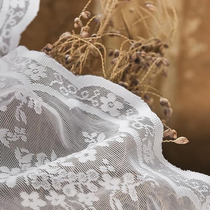 YJ YANJUN Vintage Lace Curtains 108 Inches Long-Victorian Floral White Sheer Curtain Panels for Patio Sliding Door Living Room Embroidered Scalloped Floor to Ceiling Drapes 9ft 104 Wide 2 Panels
