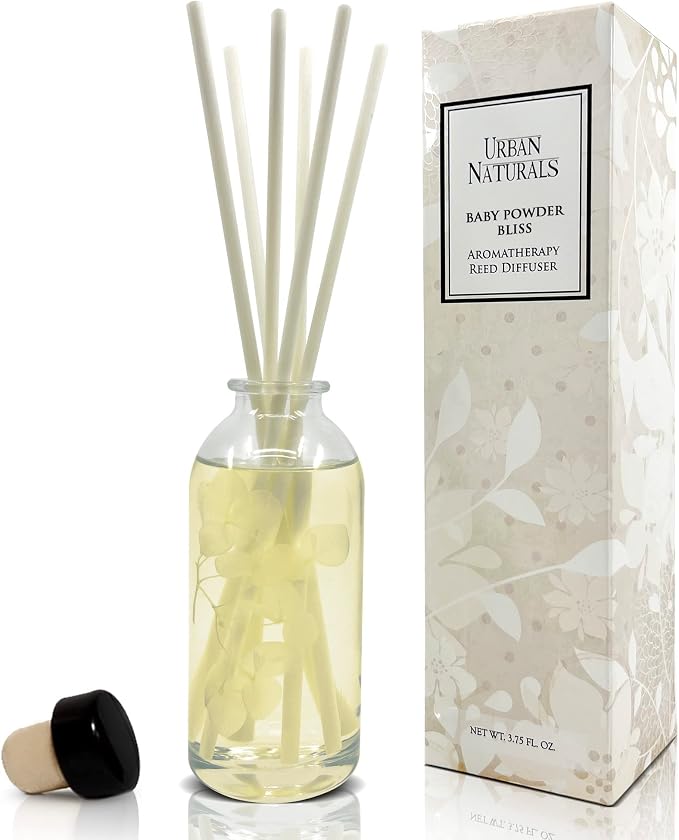 Urban Naturals Reed Diffuser Set, Baby Powder Bliss - Bathroom Shelf Décor | Bliss, Made with Essential Oils & Real Botanicals, Powdery Floral Notes, Rose, Geranium, Musk & Cedar, Makes a Great Gift