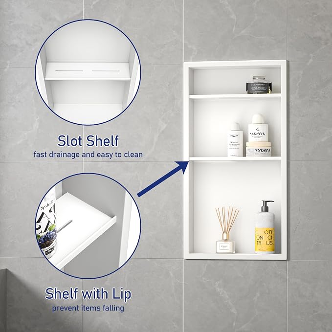 Stainless Steel Shower Niche 24" X 12" White No Tile Needed Vertical Niche Shower with Three-Tier Shelves Recessed Wall Niches for Bathroom Storage Over Mount Installation