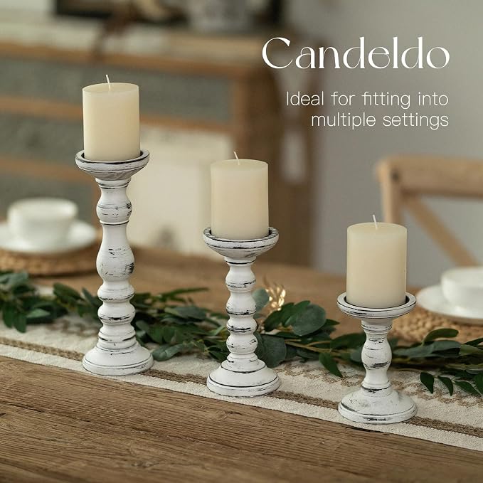 Candeldo Wood Candle Holder for Pillar, White Farmhouse Fireplace Decor | Set of 3, Table Centerpiece, Tall Shabby Chic Decor, Wooden Rustic Decoration for Mantle