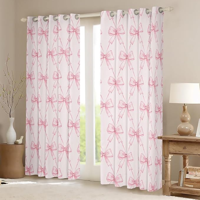 Feelyou Bow Curtains for Bedroom Living Room (2 Panels, 42 x 63 Inch) Pink Girls Bow Room Darkening Blackout Curtain Boys Girls Cute Bowknot Blackout Curtains Kawaii Window Treatments