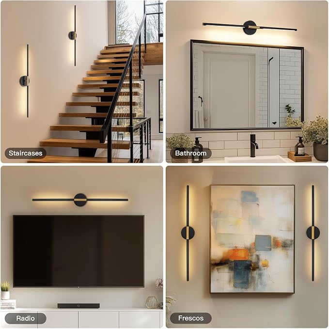 Battery Operated Wall Sconces Set of Two 360° Rotate Wireless Rechargeable Light Dimmable with Remote - Black Gold Modern Sconces Cordless Wall Decor for Home Bedroom Timer 31.5 Inch