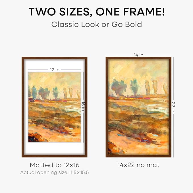 Homeforia 14x22 Picture Frame Brown, High End Dark Oak 14x22 Walnut Wooden Frames with Mat 12x16, 14 x 22 Wood Poster Frame Matted to 12 by 16, 22x14 Hanging Frames, Tempered Glass, Wall Kit, Set of 2