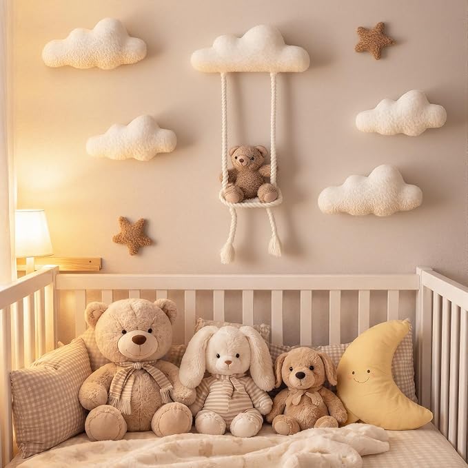 Chumia 7 Pcs Teddy Bear Nursery Wall Decor Swing Teddy Bear Nursery Wall Art with Clouds Star Soft Plush Baby Room Decor Gender Neutral for Bedroom Playroom Decoration