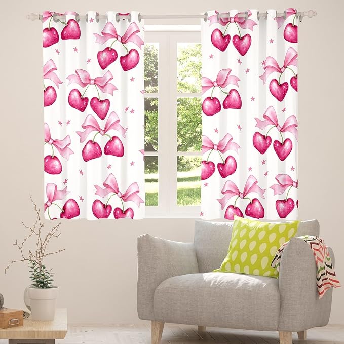 Feelyou Pink Girls Bow Room Darkening Blackout Curtain (2 Panels, 52 x 84 Inch) Bow Curtains for Bedroom Living Room Kawaii Cherry Prints Blackout Curtains Cute Bowknot Window Treatments