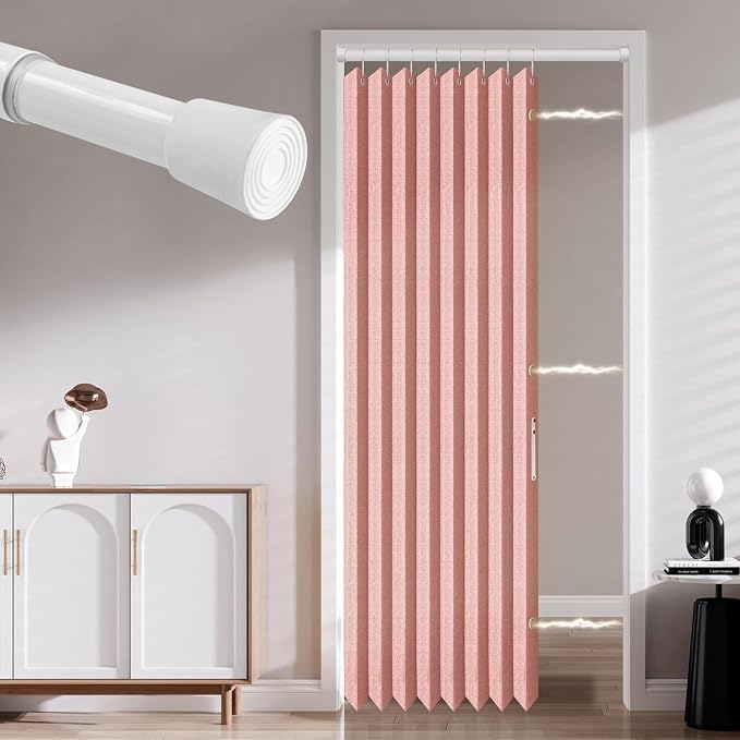AJAZZ Accordion Interior Door Curtain 42"×78" Pink w/Free Rod, No-Drill Bedroom/Living Room Doorway