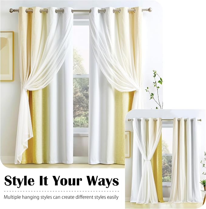 Ombre 100% Blackout Curtains 84 Inches Long 2 Panels for Bedroom Living Room Yellow and White Double Layer Sheer Overlay Mix & Match Grommet Thermal Soundproof Drapes with Tiebacks, 52x84