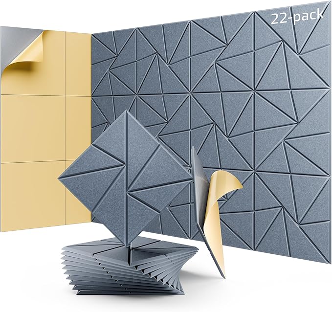 22 Pack Acoustic Panels, Sound Proof Foam Panels for Walls, Self-Adhesive High Density Soundproof Wall Panels, 12" X 12" X 0.4", Sound Absorbing Panels for Home, Studio, Office (Gray)
