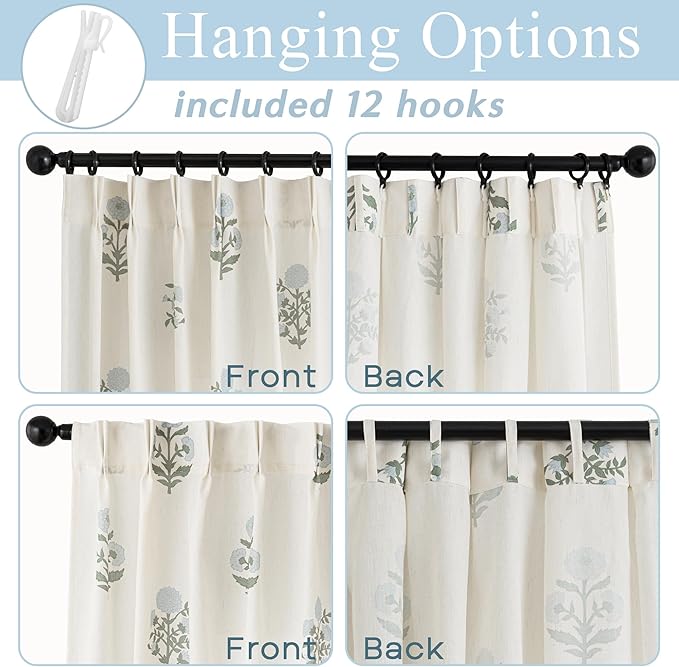Lino Rosa Floral Cafe Curtains 24 Inch Length for Kitchen, Blue and Green Farmhouse Half Curtains for Windows, Small Pinch Pleat Cottage Core Linen Semi Sheer Small Curtains for Bathroom Launry Room