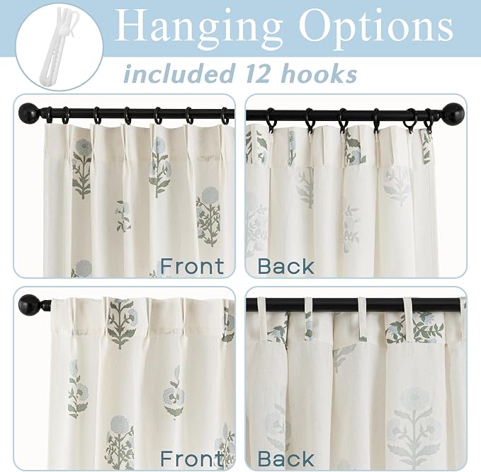 Floral Pinch Pleated Linen Curtains 96 Inch Long 2 Panel Set, Blue Green Grand Millenial Coastal Farmhouse Light Filtering Pleat Drape, Indian Block Print Patterned Sheer Panel for Living Room Bedroom