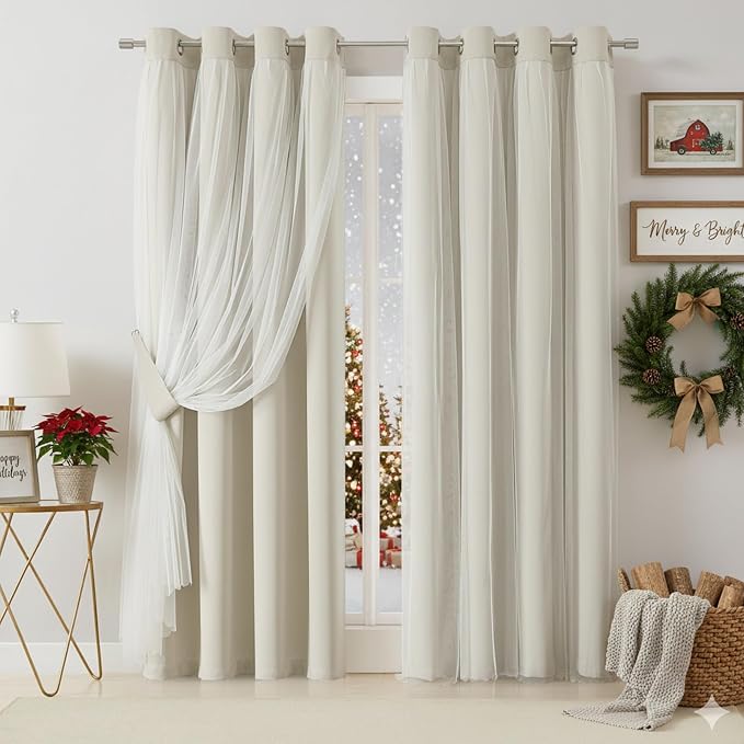 Bujasso Beige 80% Blackout Curtains with Sheer Overlay Mix and Match Double Layer Thermal Insulated Window Panels 84 inch for Living Room Bedroom Beige Drapes with Tiebacks Grommet Top 54" Wx84 Lx2