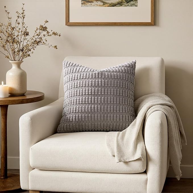 MIULEE Pack of 2 Corduroy Decorative Throw Pillow Covers 16x16 Inch Soft Boho Striped Pillow Covers Modern Farmhouse Home Decor for Sofa Living Room Couch Bed Light Grey