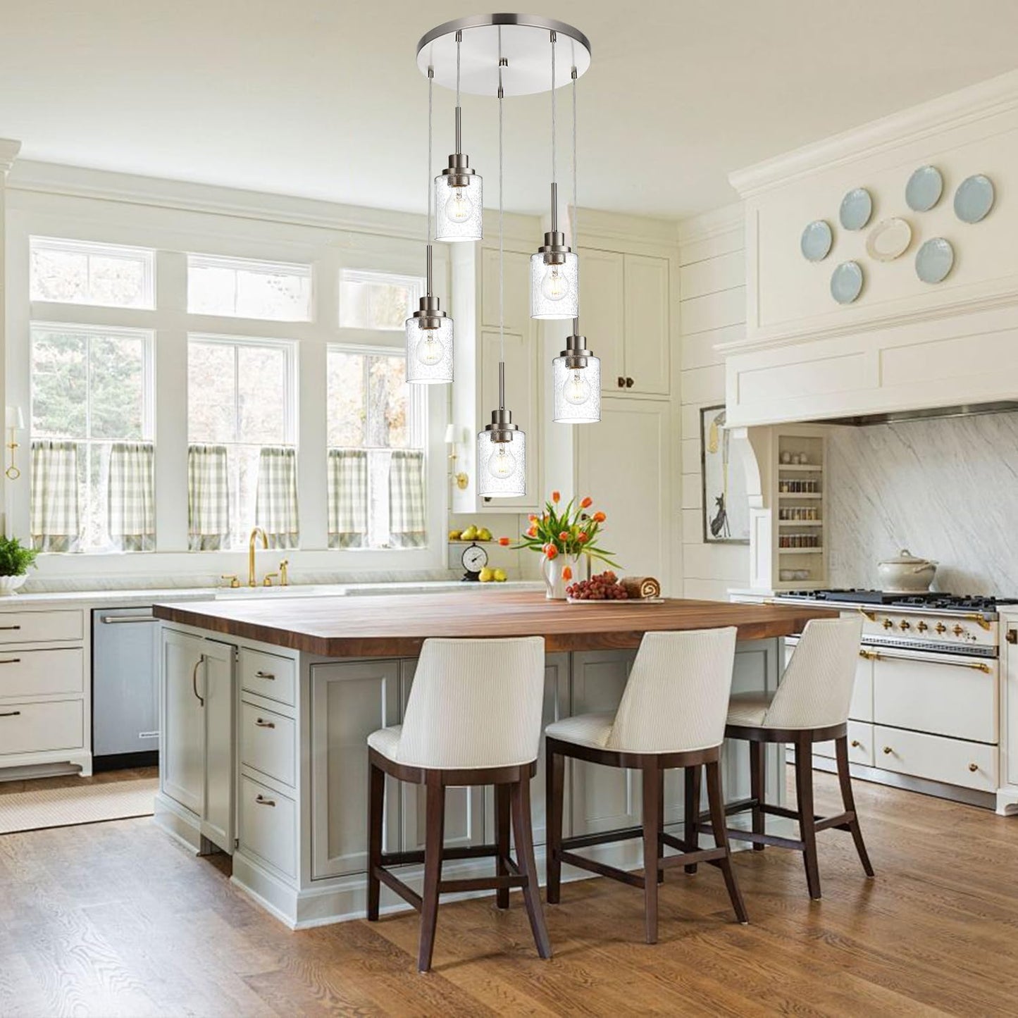 5 Light Farmhouse Pendant Lighting for Kitchen Island,Brushed Nickel Dining Room Cluster Pendant Light Fixtures Hanging Ceiling with Seeded Glass,Modern Pendant Light for Entrance Stairwell