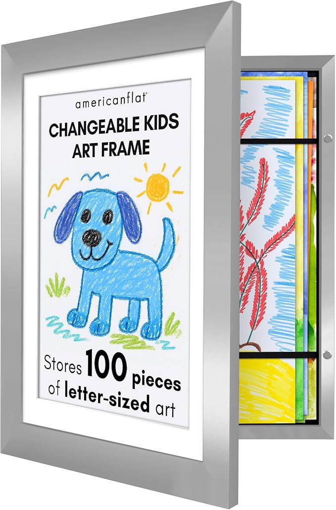 Americanflat Kids Artwork Frame Changeable (Silver) - Magnetic Door Holds 100 Art Pieces - 8.5x11 Letter Size Display with Mat or 10x12.5 Without Mat - My Mini Masterpiece
