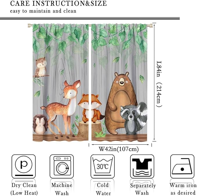 Rustic Animal Curtains, Wild Forest Animal Bear Fox Deer Kids Window Treatments for Living Room Bedroom, Farmhouse Woodland Blackout Drapes 2 Panel Sets, 84x84 Inch