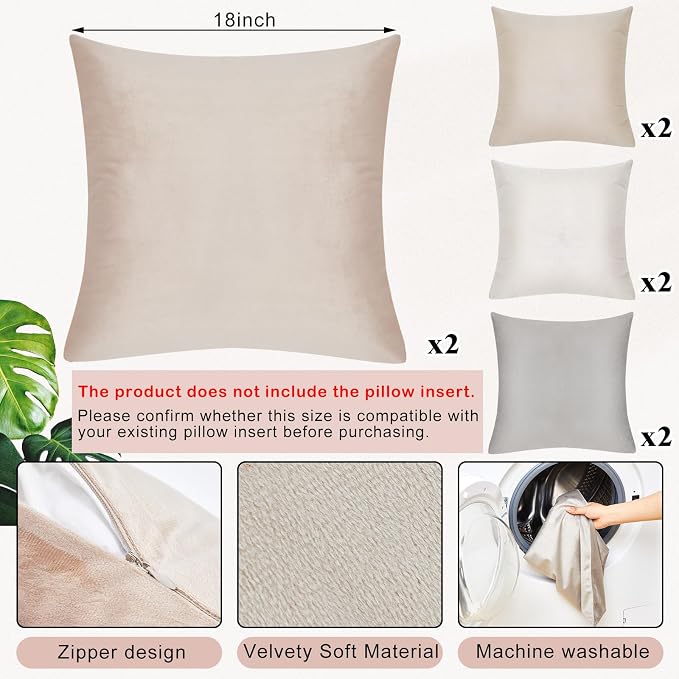 Berlune 8 Pcs Velvet Throw Pillow Covers 18" x 18" Decorative Cushion Cases Soft Pillowcase for Coquette Graduation Party Accessories Couch Sofa Bed Chair Home Decor, No Inserts (Beige Gray Colors)